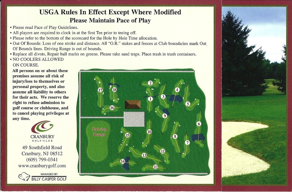 Information card for Cranbury Golf Club outlining USGA rules and pace of play guidelines, featuring a map of the golf course layout.