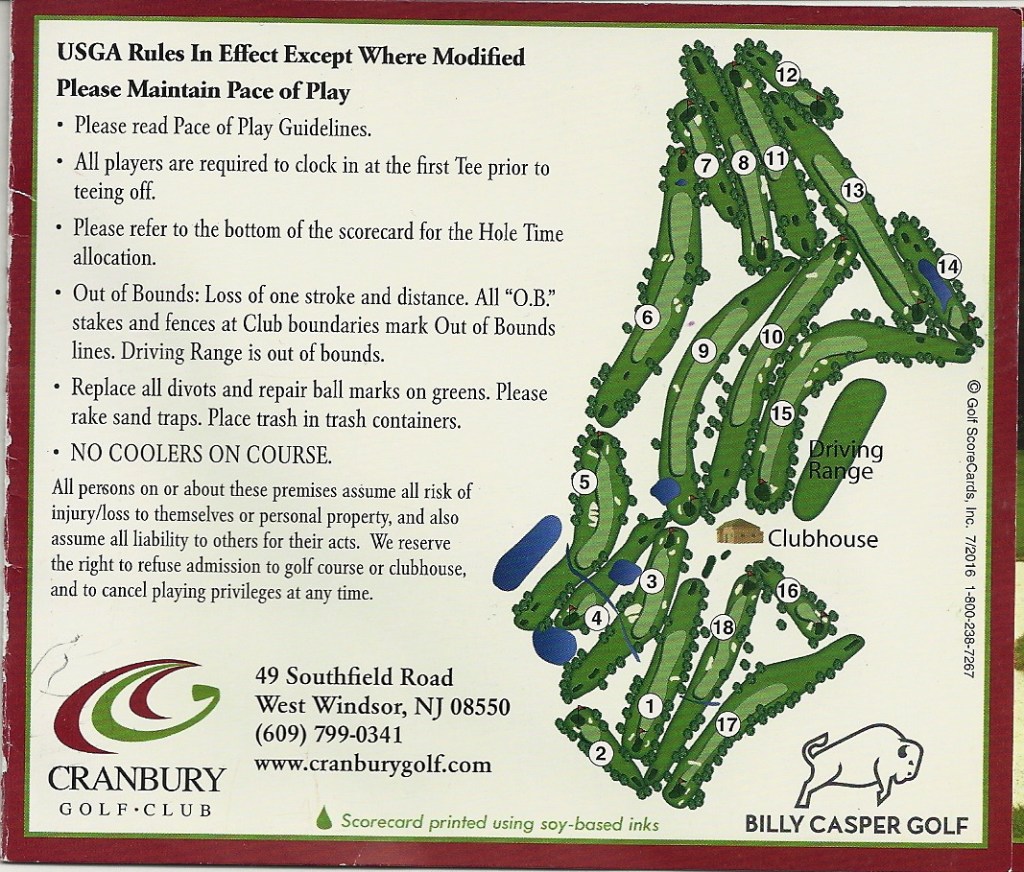 Scorecard for Cranbury Golf Club featuring course layout, rules, and guidelines for players.